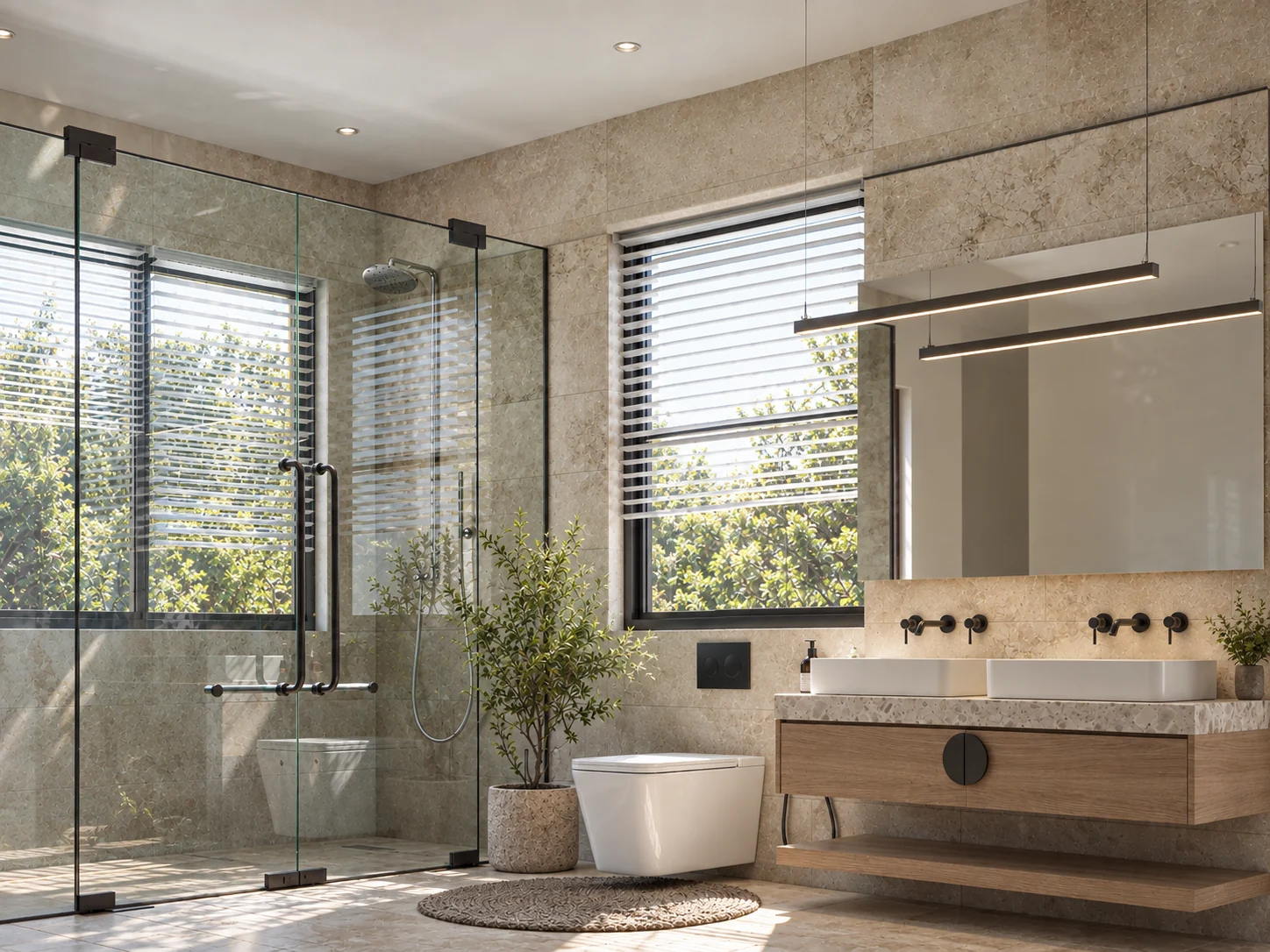 Bathroom with twin basins and glass shower
